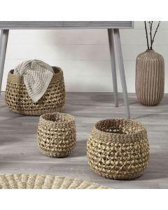 Woven Natural Seagrass And Water Hyacinth Set Of Tall Round Baskets