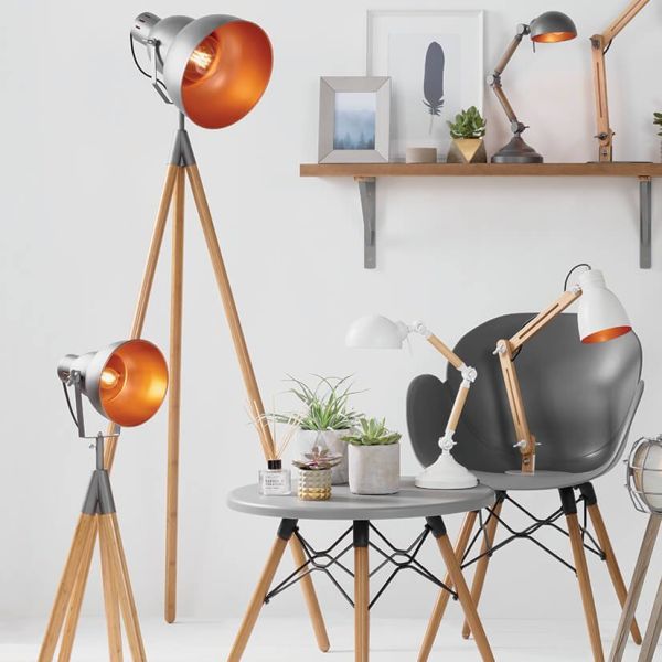 Bamboo & Grey Metal Tripod Film Table Lamp