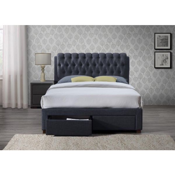 Valentine Grey Fabric Double Bed Frame with Drawers