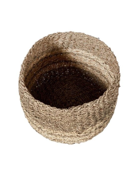 Set of 3 Woven 2-Tone Natural Seagrass and Palm Leaf Round Baskets