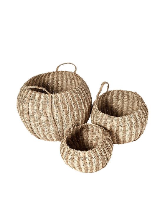 Set of 3 Woven Striped Natural Seagrass and Palm Leaf Round Baskets