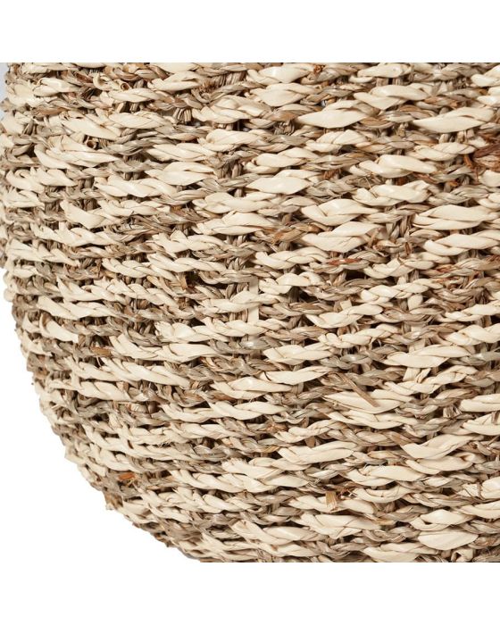 Set of 3 Woven 2-Tone Natural Seagrass and Palm Leaf Plaited Round Baskets
