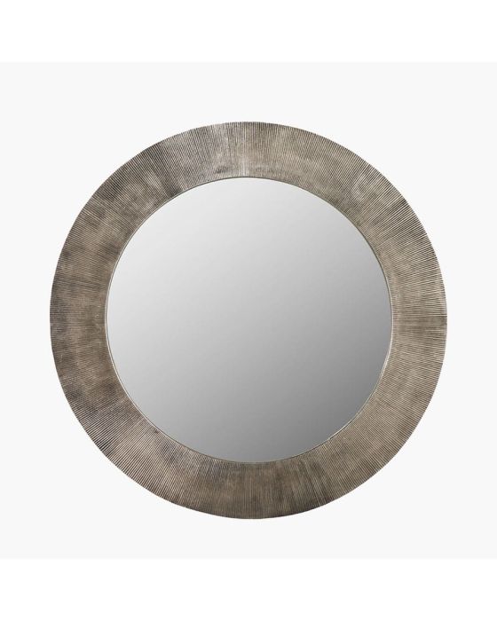 Antique Silver Metal Art Deco Round Wall Mirror