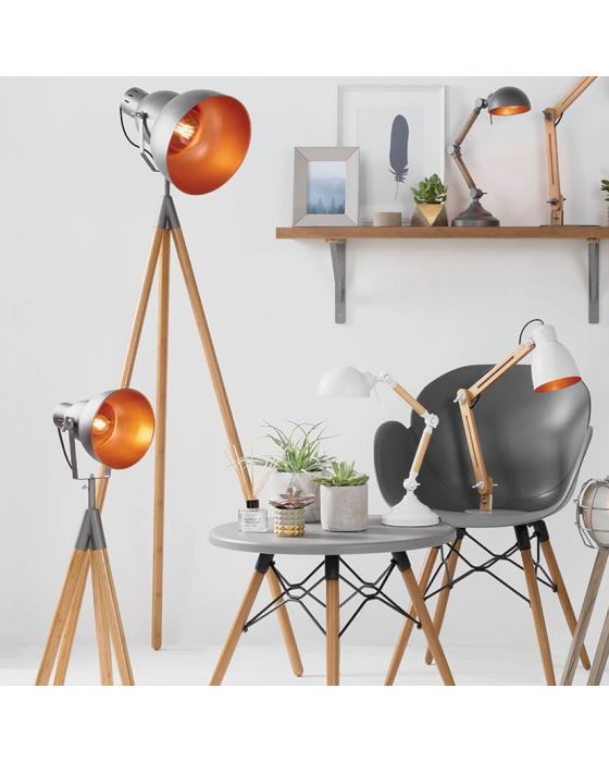 Bamboo & Grey Metal Tripod Film Table Lamp