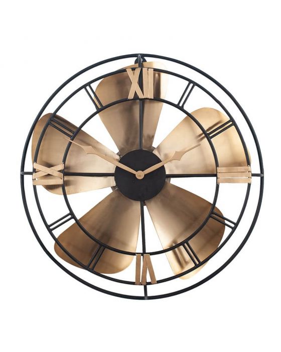 Black and Rustic Brass Fan Design Wall Clock