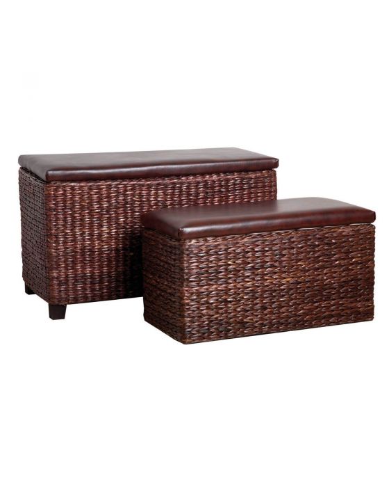Cattail Leaf and Leather Effect Set Of 2 Storage Seats