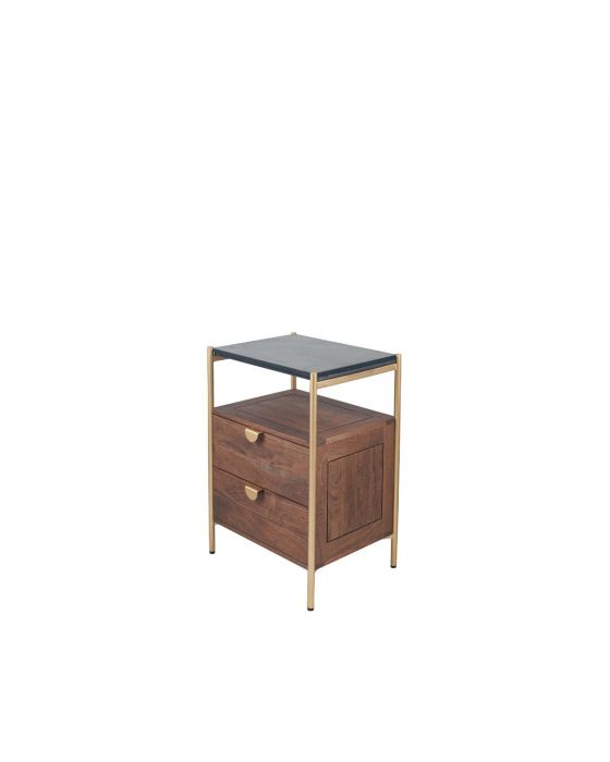 Claude Acacia Wood and Black Marble 2 Drawer Bedside Chest
