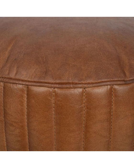 Masey Natural Brown Leather Round Pouffe