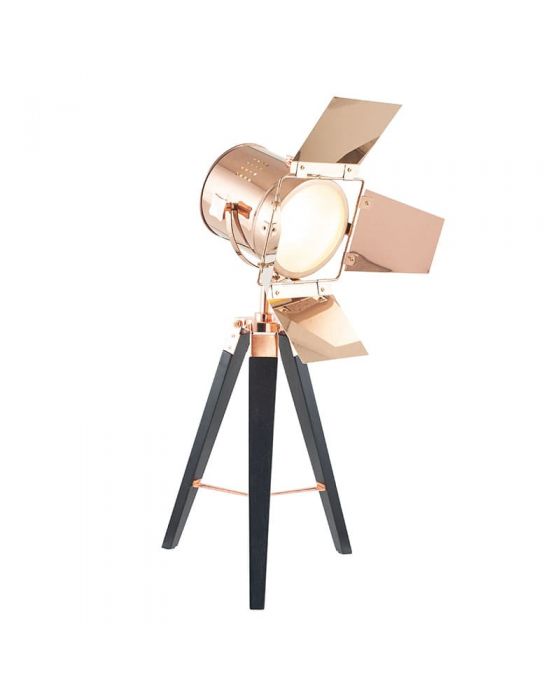 Film Style Copper Metal and Black Wood Tripod Table Lamp