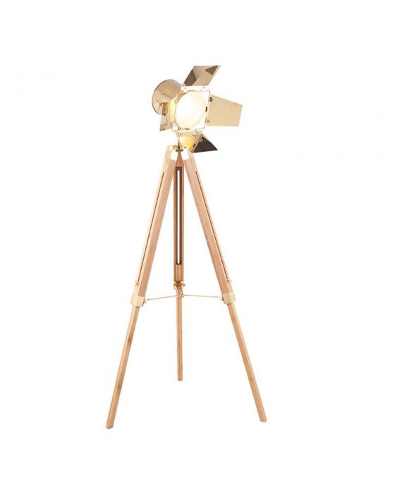 Film Style Gold Metal and Natural Wood Tripod Floor Lamp