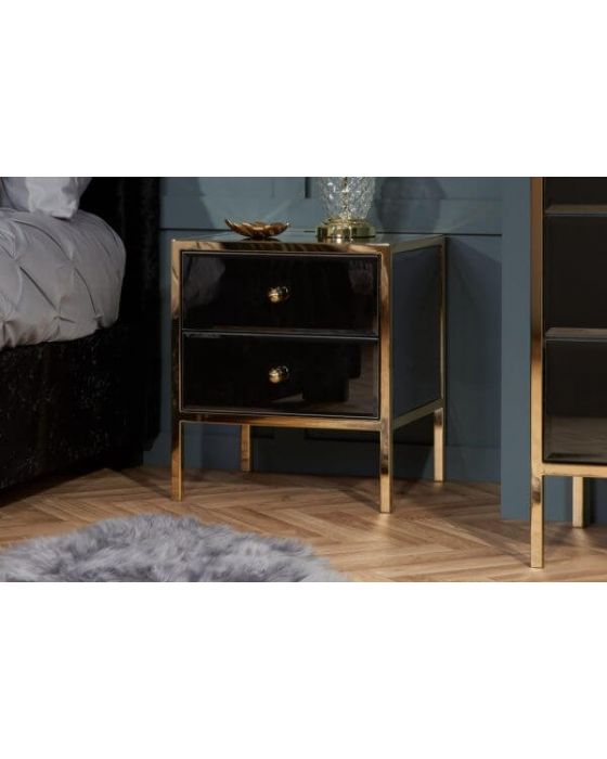 Glamour Black Glass and Gold 2 Drawer Bedside