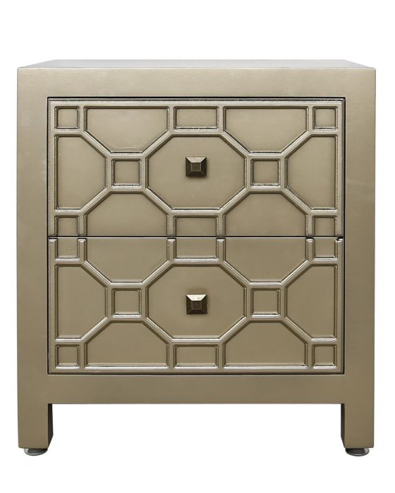 Gold Geometric Wood 2 Drawer Bedside Side Cabinet