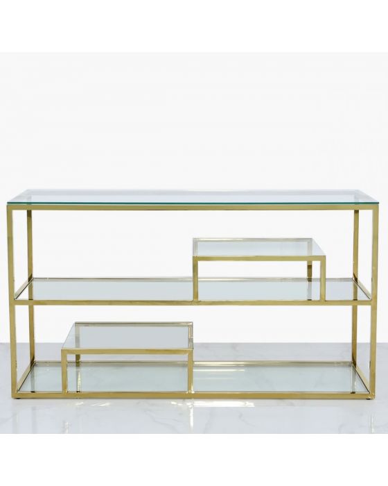 Harvey Gold Steel and Clear Glass  Console Table