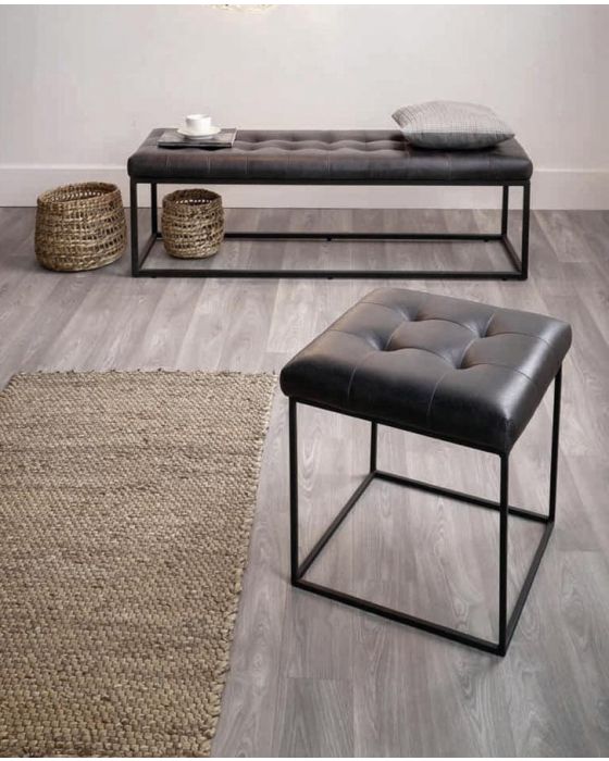 Industrial Steel Grey Leather & Iron Bench