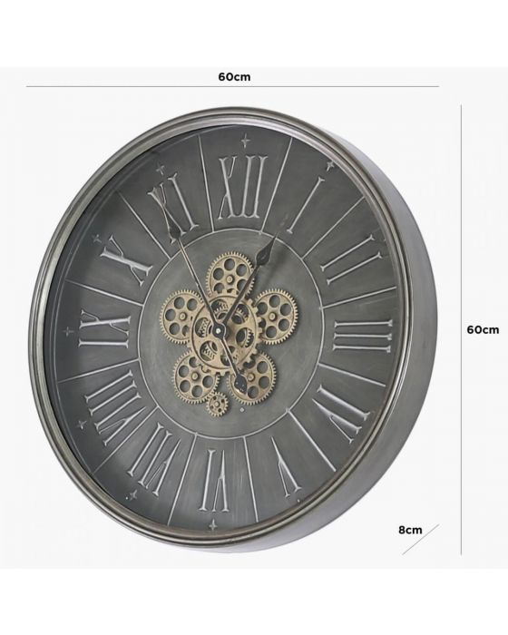 Isobel Round 60cm Dark Grey Wall Clock With Gears Design
