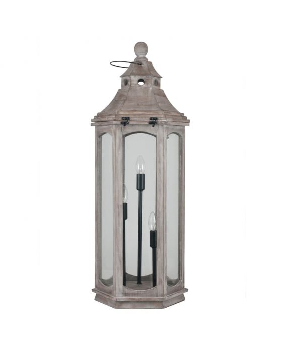 Large Industrial 3 Light Antique Wood Grey Floor Lamp Lantern