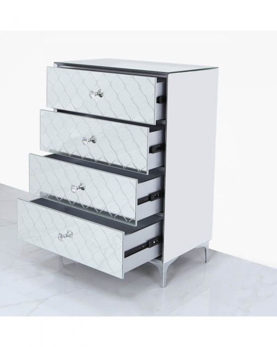 Mirrored Quatrefoil Designed 3 Drawer Bedside Cabinet