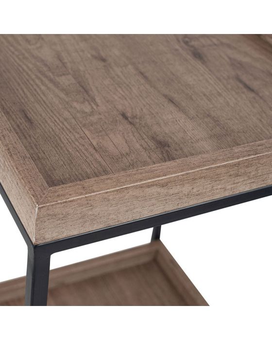 Natural Wood Veneer and Black Metal Tray Style Side Table