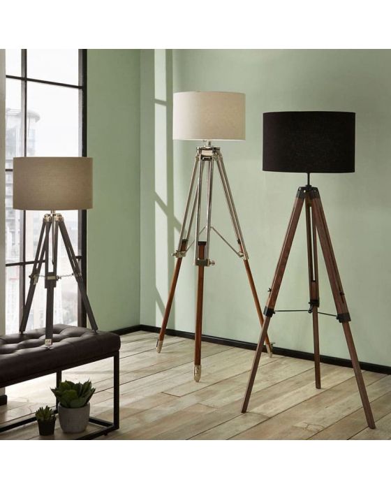 Port Nickel And Wood Tripod Floor Lamp, Tripod Table Lamp Base Only