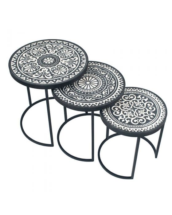 Safi Antique Black & Cream Wood & Iron Set of 3 Side Tables