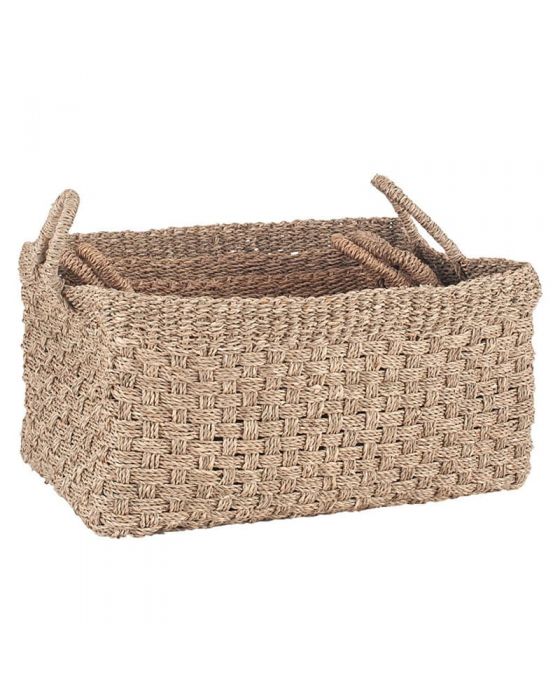 Set of 3 Woven Natural Seagrass Oblong Handled Baskets