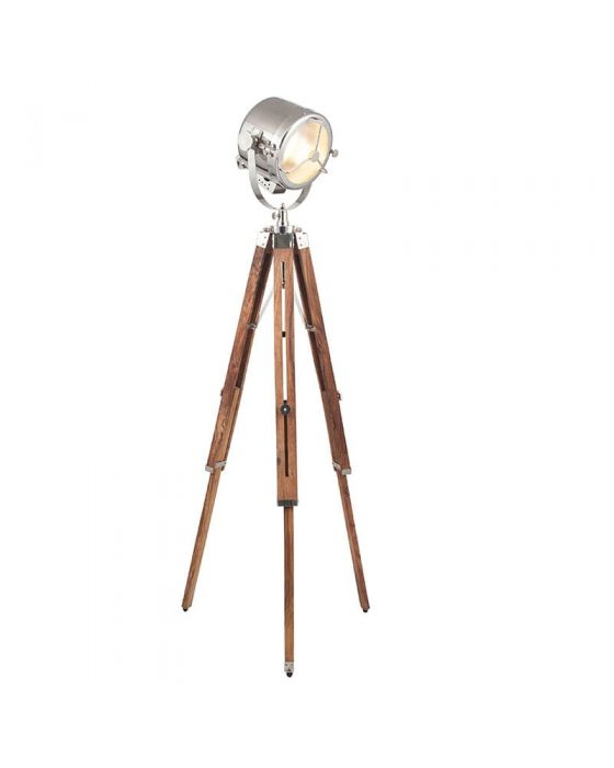 Silver Metal Adjustable Tripod Floor Lamp with Brown Wooden Base 