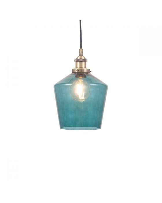Teal Glass and Antique Brass Metal Detail Pendant