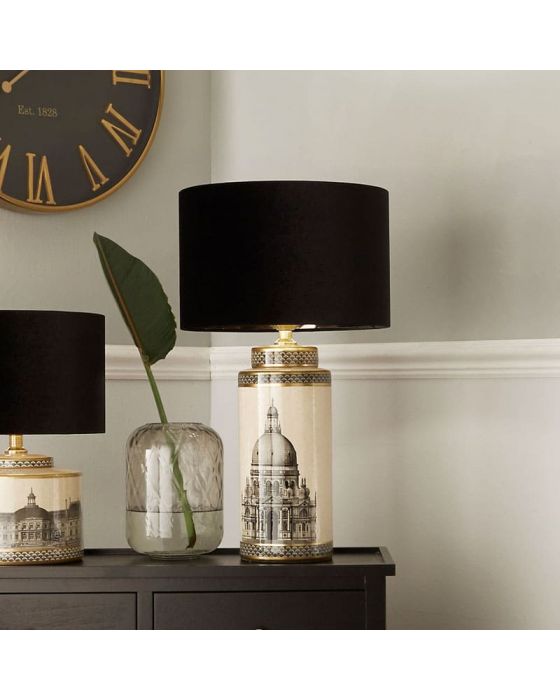 Wren Black and Cream Building Print Tall Ceramic Table Lamp - Base Only