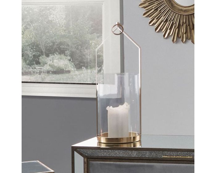 Clear Glass and Brass Metal Large Hurricane Candle Holder