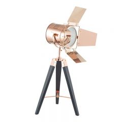 Film Style Copper Metal and Black Wood Tripod Table Lamp