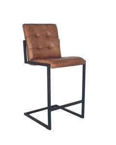 Industrial Vintage Brown Leather and Iron Buttoned Bar Stool
