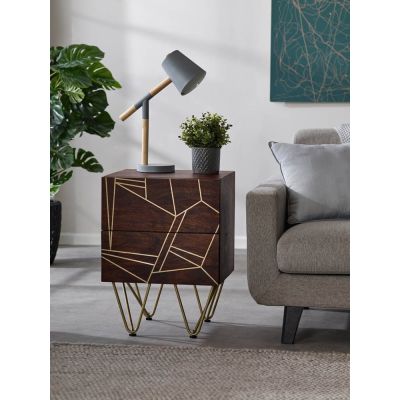 Ajay Dark Gold 2 Drawer Side Table With Gold Inlay
