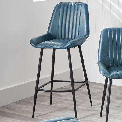 Angelo Prussian Blue Leather and Iron Retro Bar Stool
