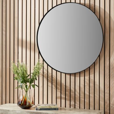 Black Slim Frame Round Wall Mirror Large