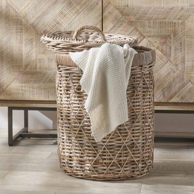 Brown Rattan Lidded Round Laundry Basket
