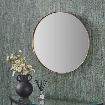 Brushed Gold Slim Frame Round Wall Mirror Small