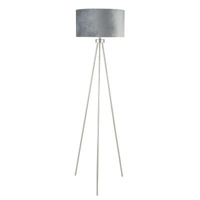 Brushed Silver Tripod Floor Lamp With Grey Velvet Shade