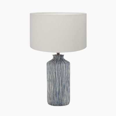 Bude Blue and White Stripe Stoneware Table Lamp with Henry 40cm White Handloom Cylinder Shade 