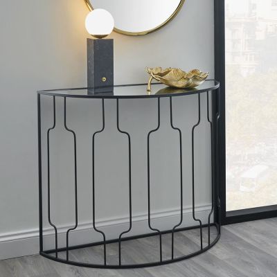 Caprisse Mirrored Glass and Graphite Metal Half Moon Console Table