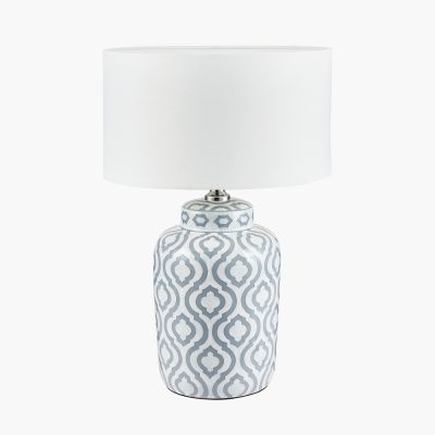 Celia Grey and White Pattern Ceramic Table Lamp with Harry 30cm Ivory Poly Cotton Cylinder Drum Shade