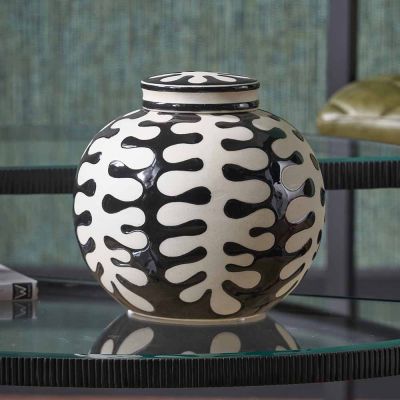 Elkorn Black and White Coral Ceramic Ginger Jar