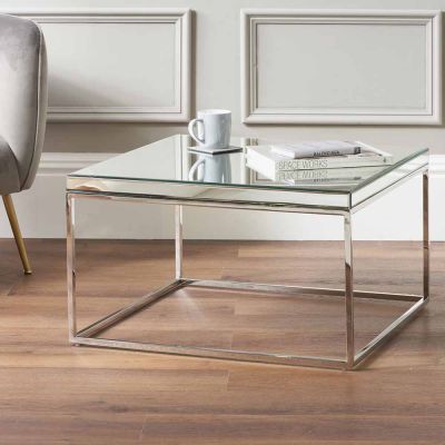 Elysee Mirrored Glass and Silver Metal Square Coffee Table 