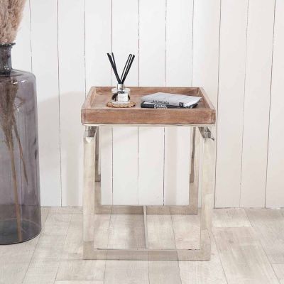 Evelyn Antique Mango Wood and Silver Metal Side Table