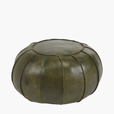 Giona Sage Green Leather Round Pouffe
