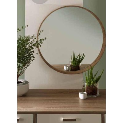 Grey Oak Veneer Round Wall Mirror