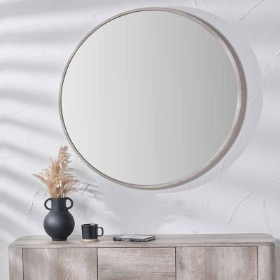 Grey Oak Wood Large Round Mirror