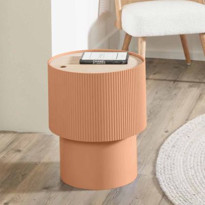 Harlow Apricot MDF and Natural Pine Wood Ribbed Round Storage Table