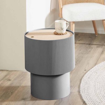 Harlow Light Grey MDF and Natural Pine Wood Ribbed Round Storage Table
