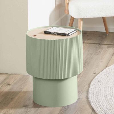 Harlow Sage MDF and Natural Pine Wood Ribbed Round Storage Table