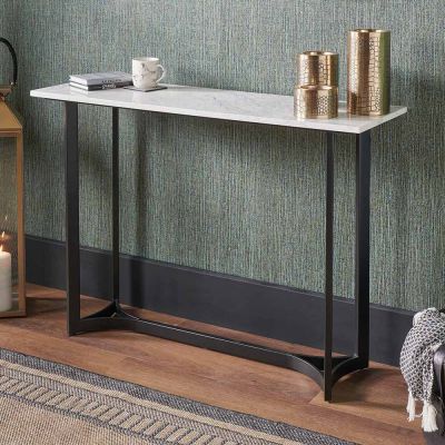 Hendrick White Marble and Black Metal Console Table 